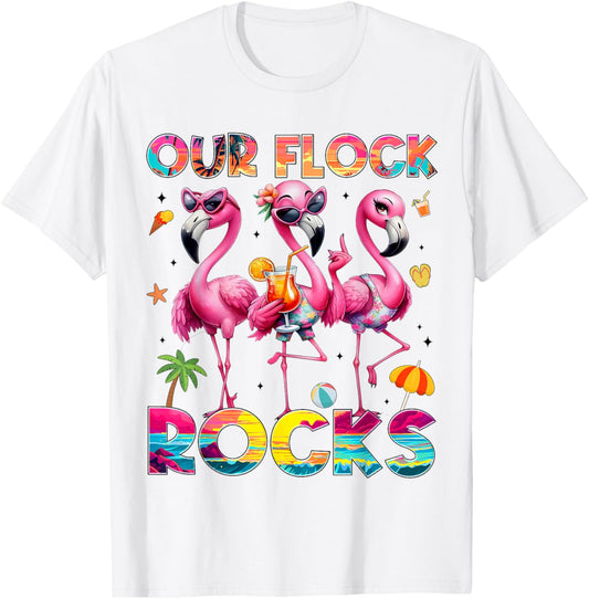 Our Flock Rocks Flamingo Summer Vacation Family Matching Tee by TeeBrew