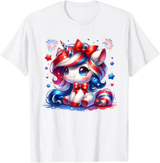 Cute Unicorn 4th Of July Girls Kids American Flag USA Girls T-Shirt