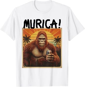 Funny Murica Beer Bigfoot USA Flag American Sasquatch Sunny T-Shirt