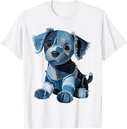 Cute Patchwork Denim Puppy Dog Art Funny Dog Denim Men Women T-Shirt