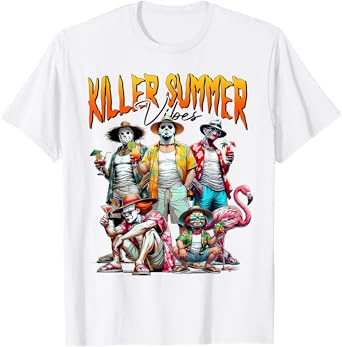 Vintage Horror Summer Vibes Funny Halloween Summerween Beach T-Shirt