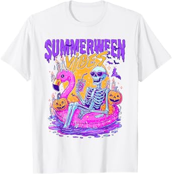 Summerween Skeleton Float Halloween Flamingo Vibes Fun T-Shirt