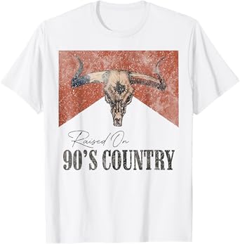 Vintage Western Bull Skull Raised On 90's Country Music T-Shirt
