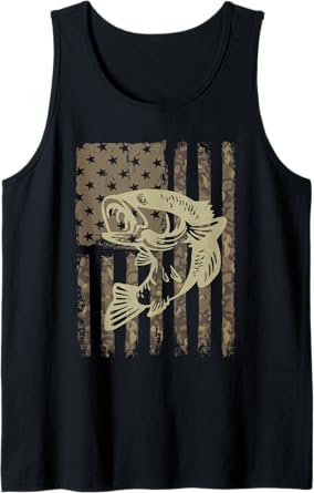 Camouflage USA Flag Big Mouth Bass Vintage Fishing Tank Top