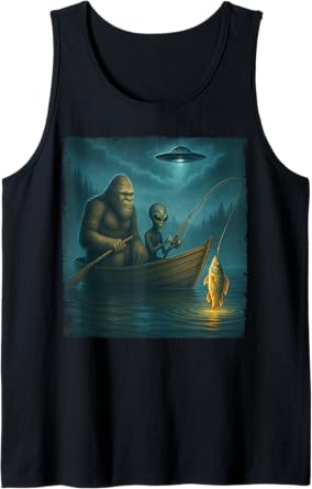 Bigfoot And Alien Fisher Funny Bigfoot Alien UFO Fishing Tank Top