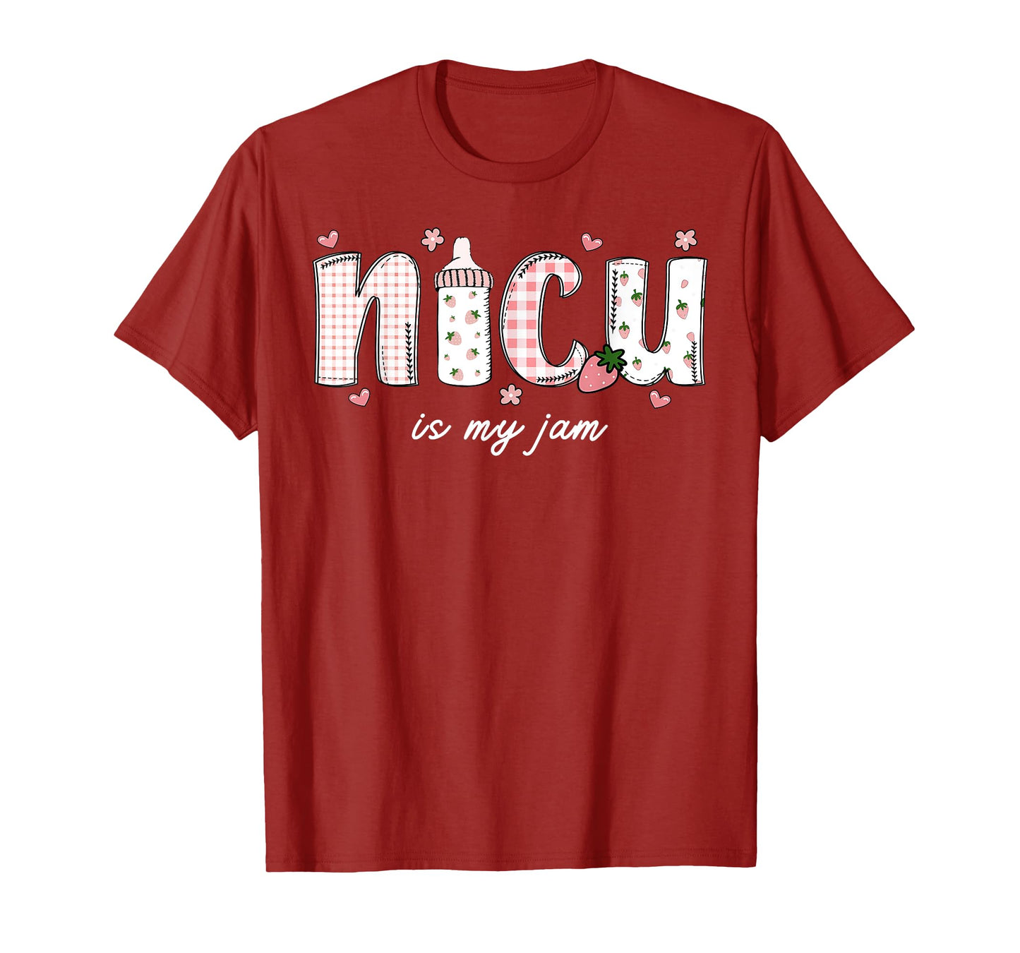 NICU Is My Jam Mother Baby Nurse Milk Bottle Strawberry T-Shirt