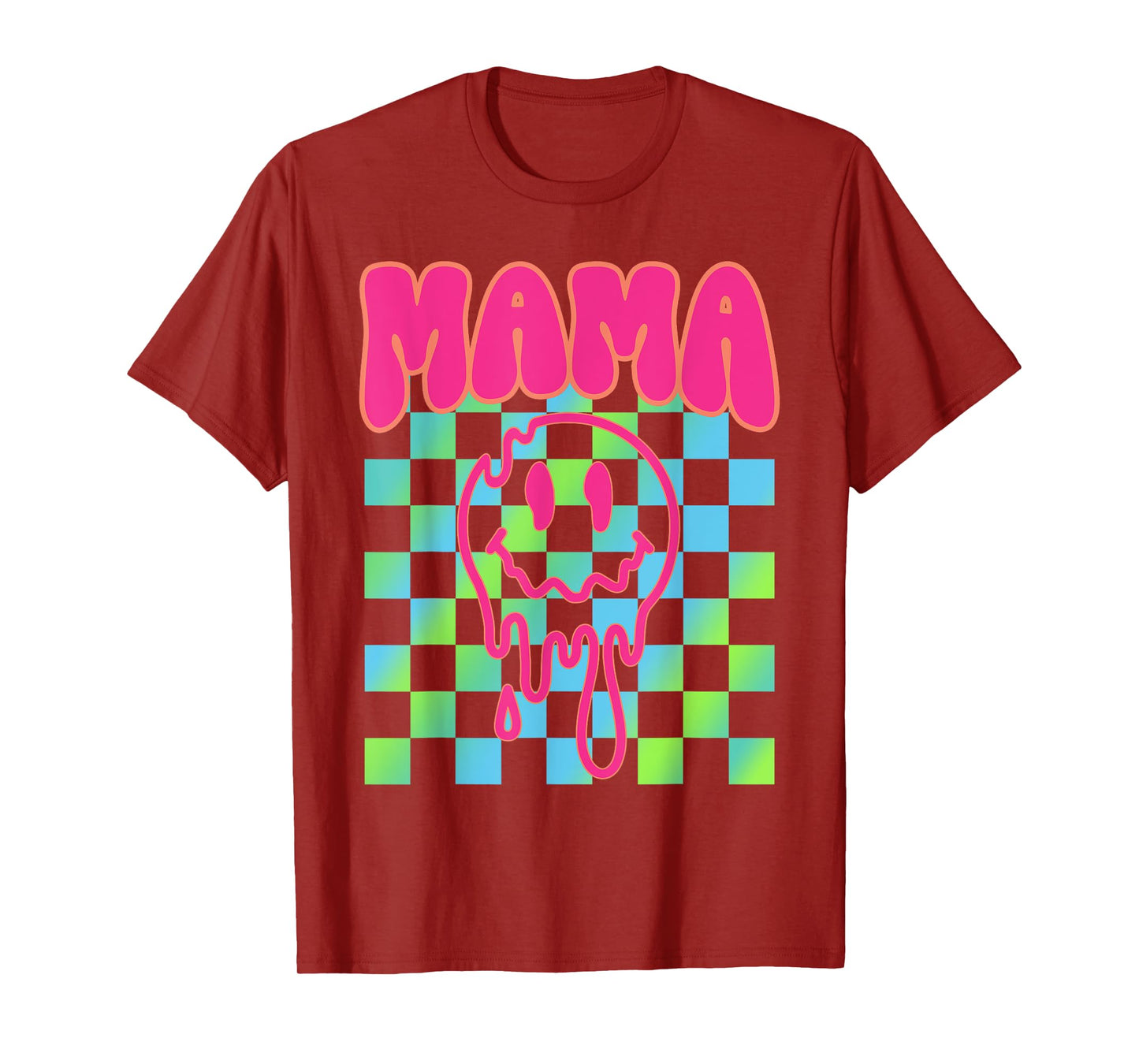 Colorful Rainbow Checkered Mama Funny Face Mom Life Womens T-Shirt