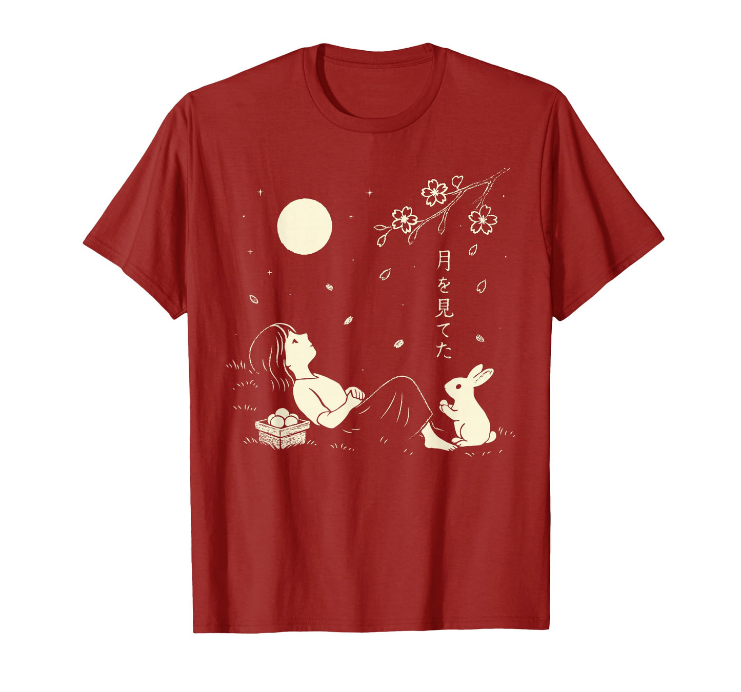 Girl & Rabbit Full Moon Cherry Blossom Japanese Harajuku T-Shirt