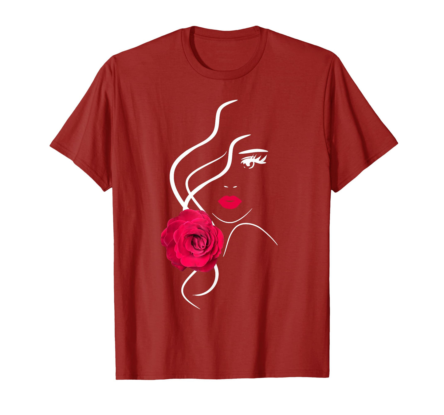Pretty Girl Face with Hot Red Rose Black White Shapes Mania T-Shirt