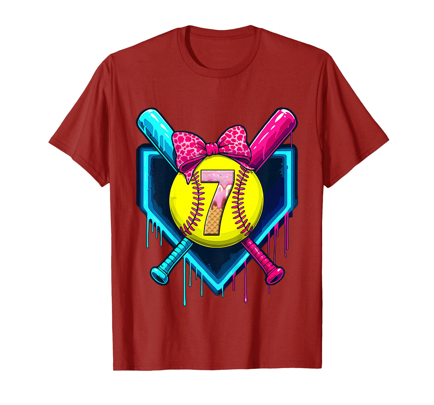 Softball 7 Years Old Ice Cream Drip 7th Birthday Girl T-Shirt