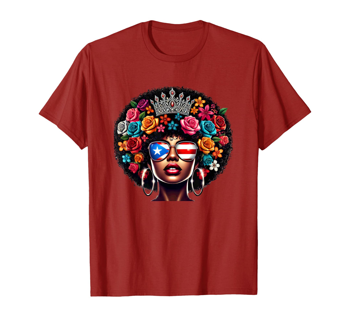 Afro Boricua Queen Crown Flowers Sunglasses Puerto Rico Flag T-Shirt