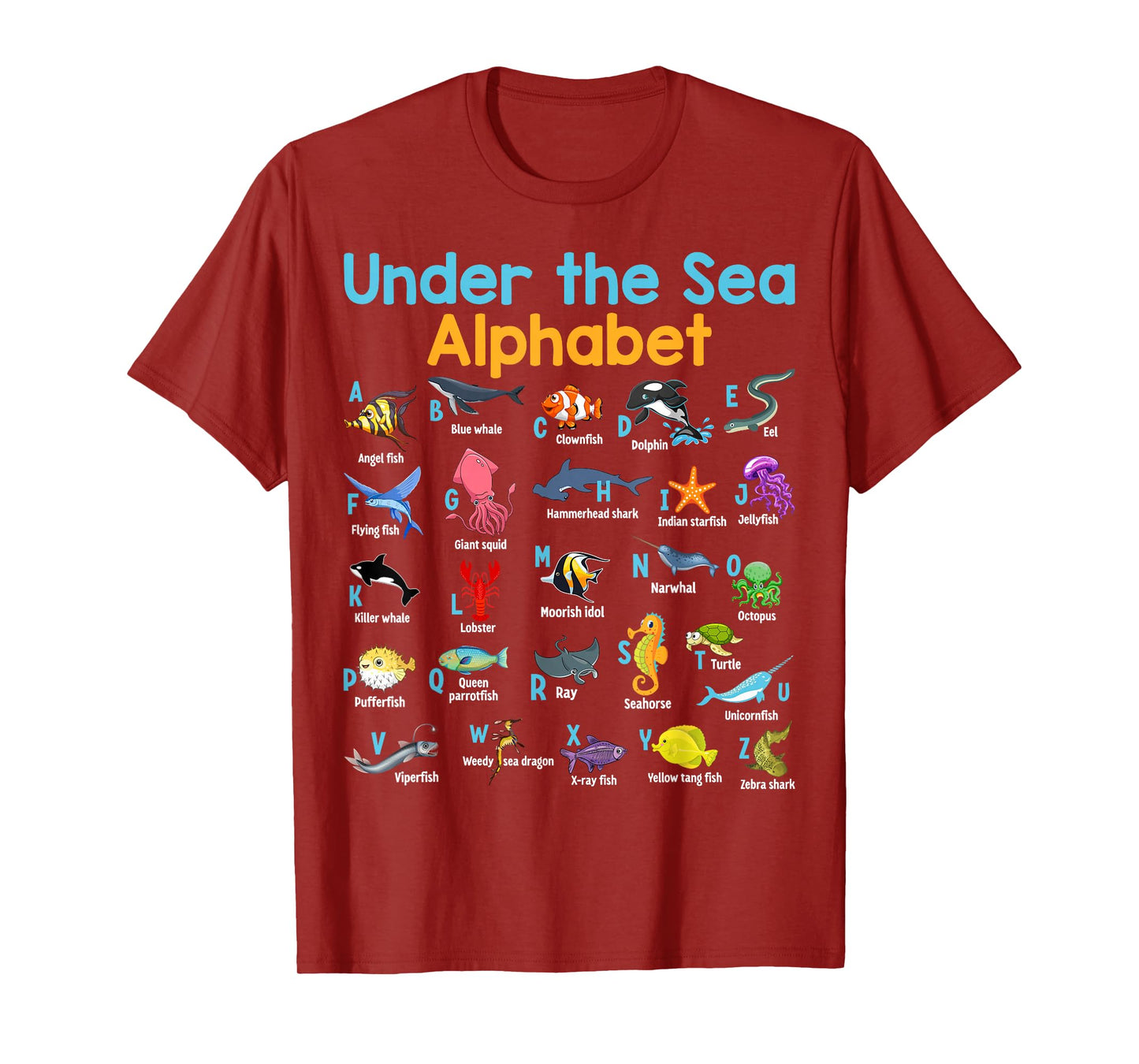 ABC Animals Under Water A-Z Types of Sea Animals Alphabet T-Shirt