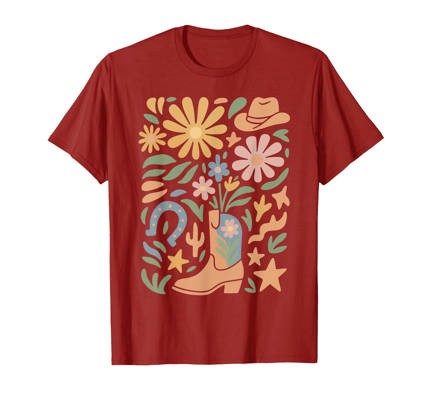 Boho Flowers Cowgirl Pink Boots Cow Skull Western Country T-Shirt