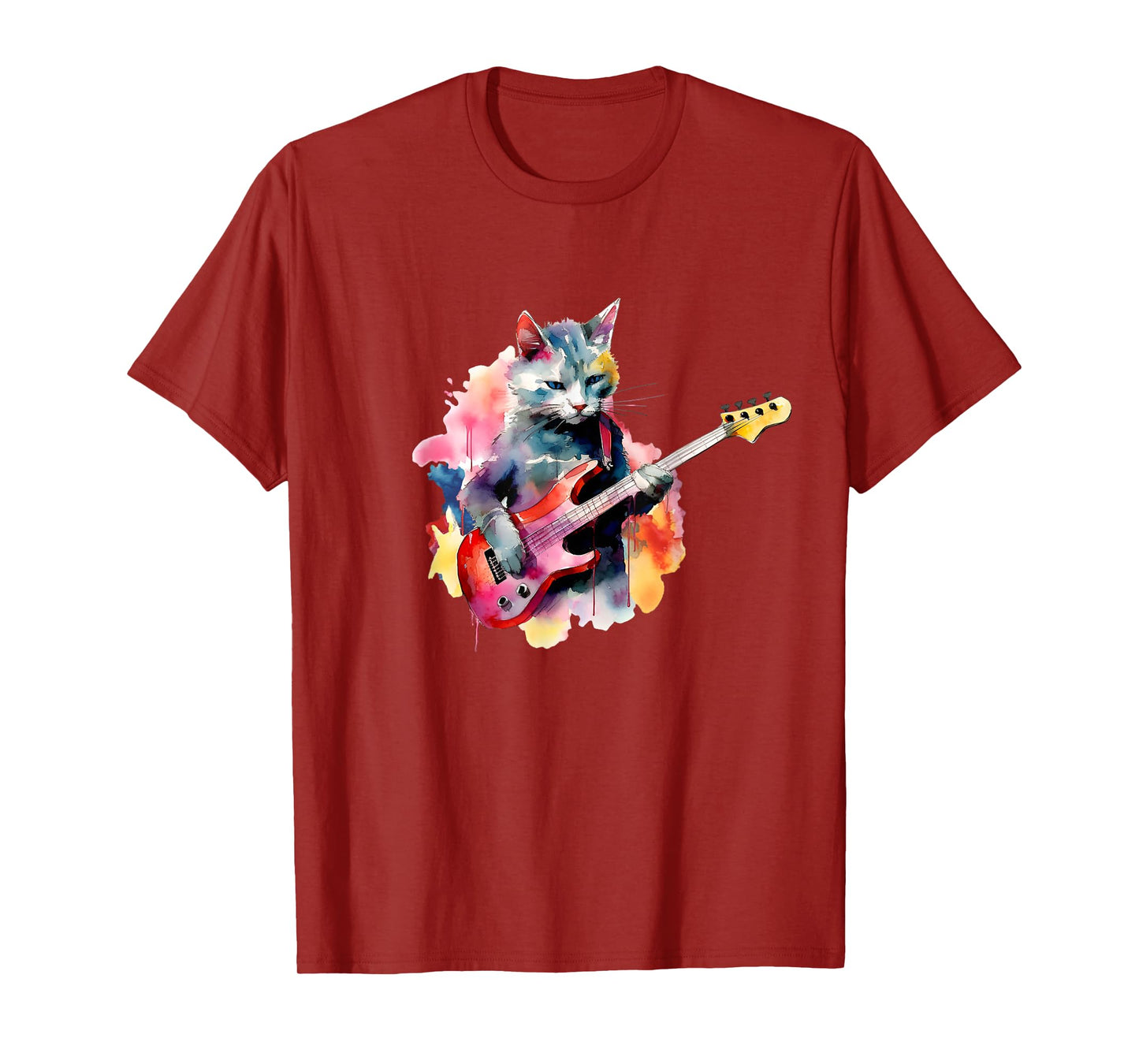 Cat Playing Bass Guitar Watercolor Graphic Design T-Shirt