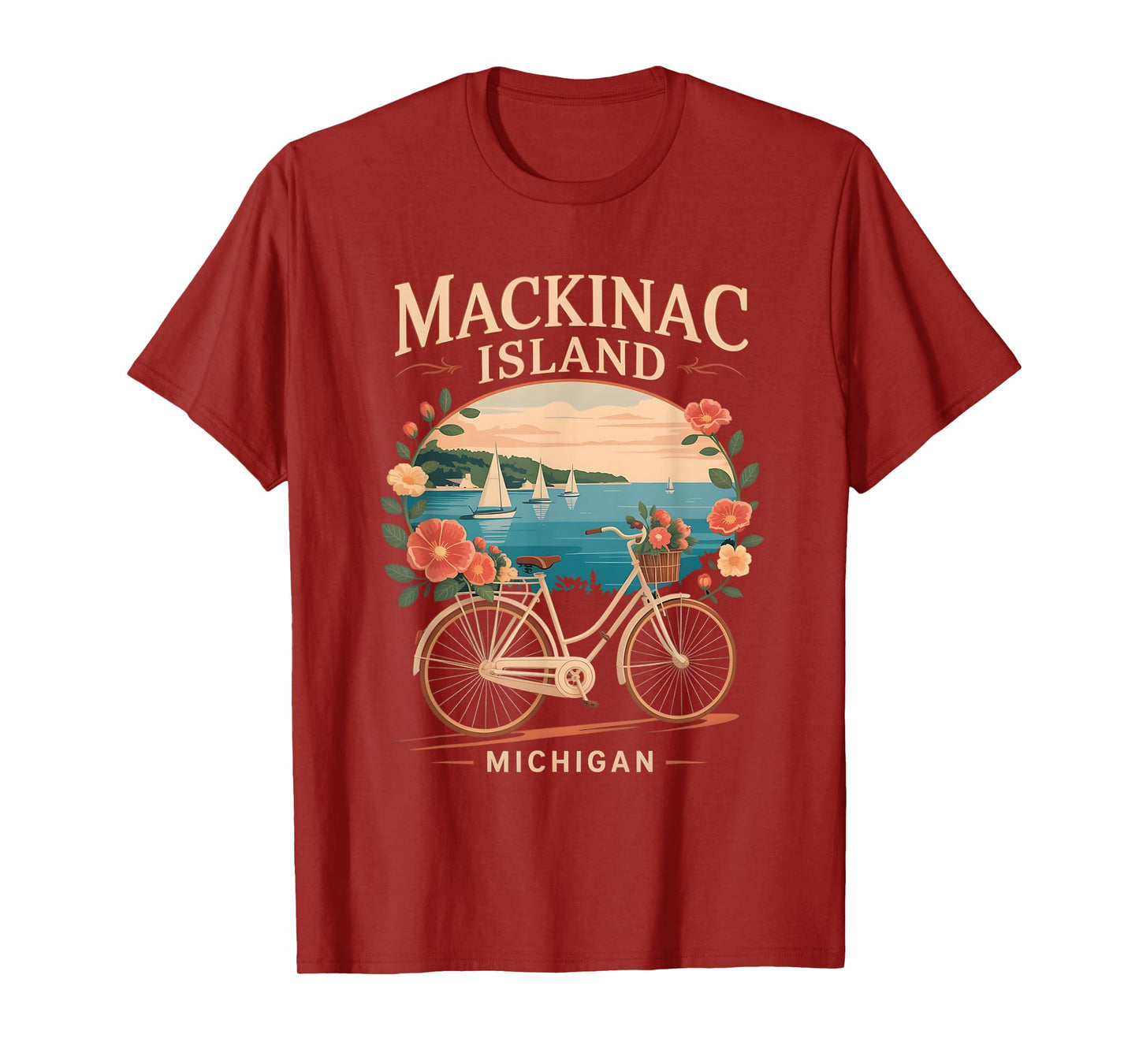 Vintage mackinac island michigan with Activities flower bike T-Shirt