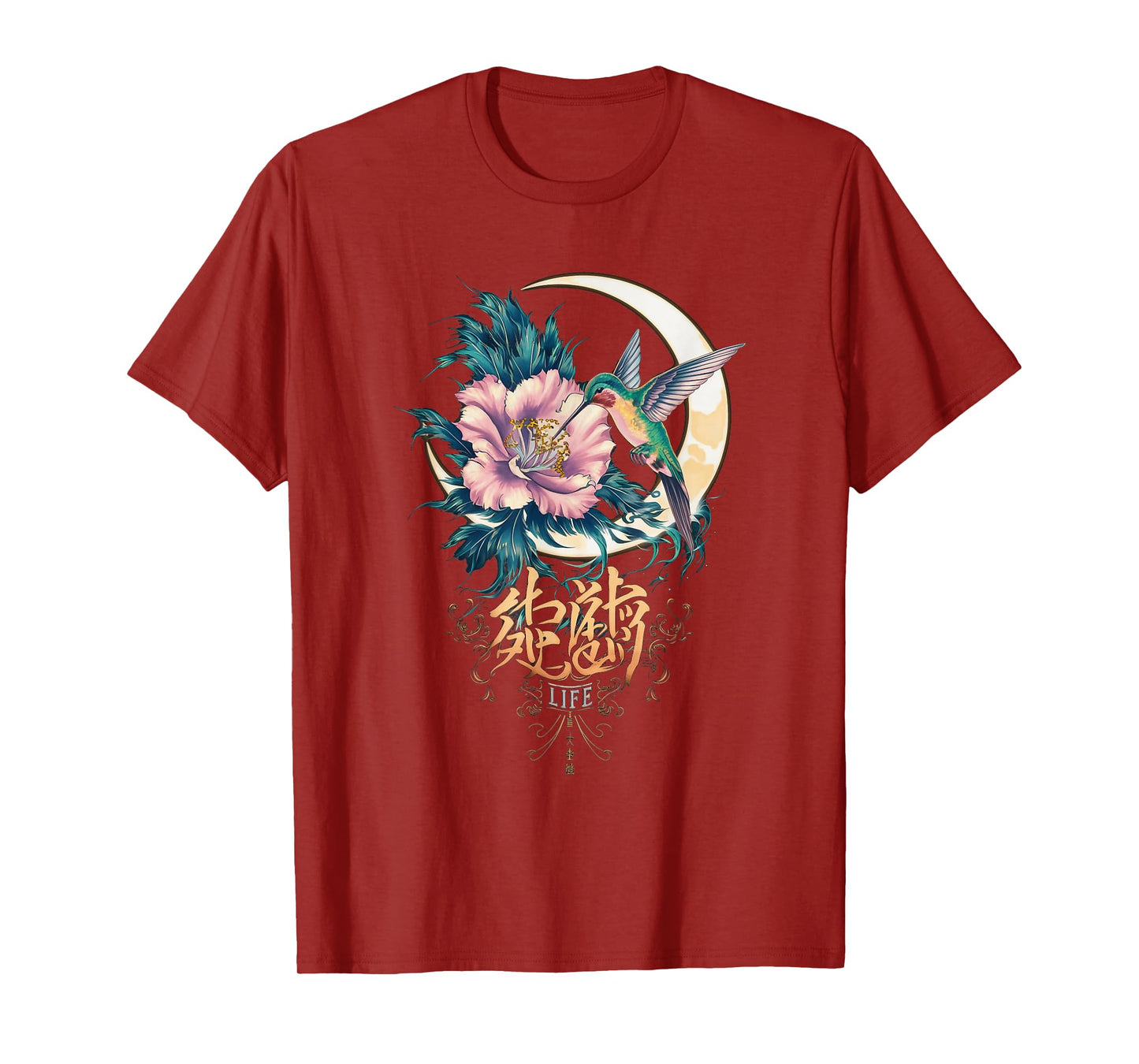 Vibrant Life Hummingbird with Hibiscus Moon Japanese Style T-Shirt