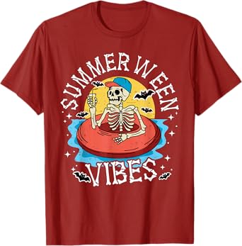 Summerween Vibes Skeleton Float Summer Halloween Men Women Kids T-Shirt