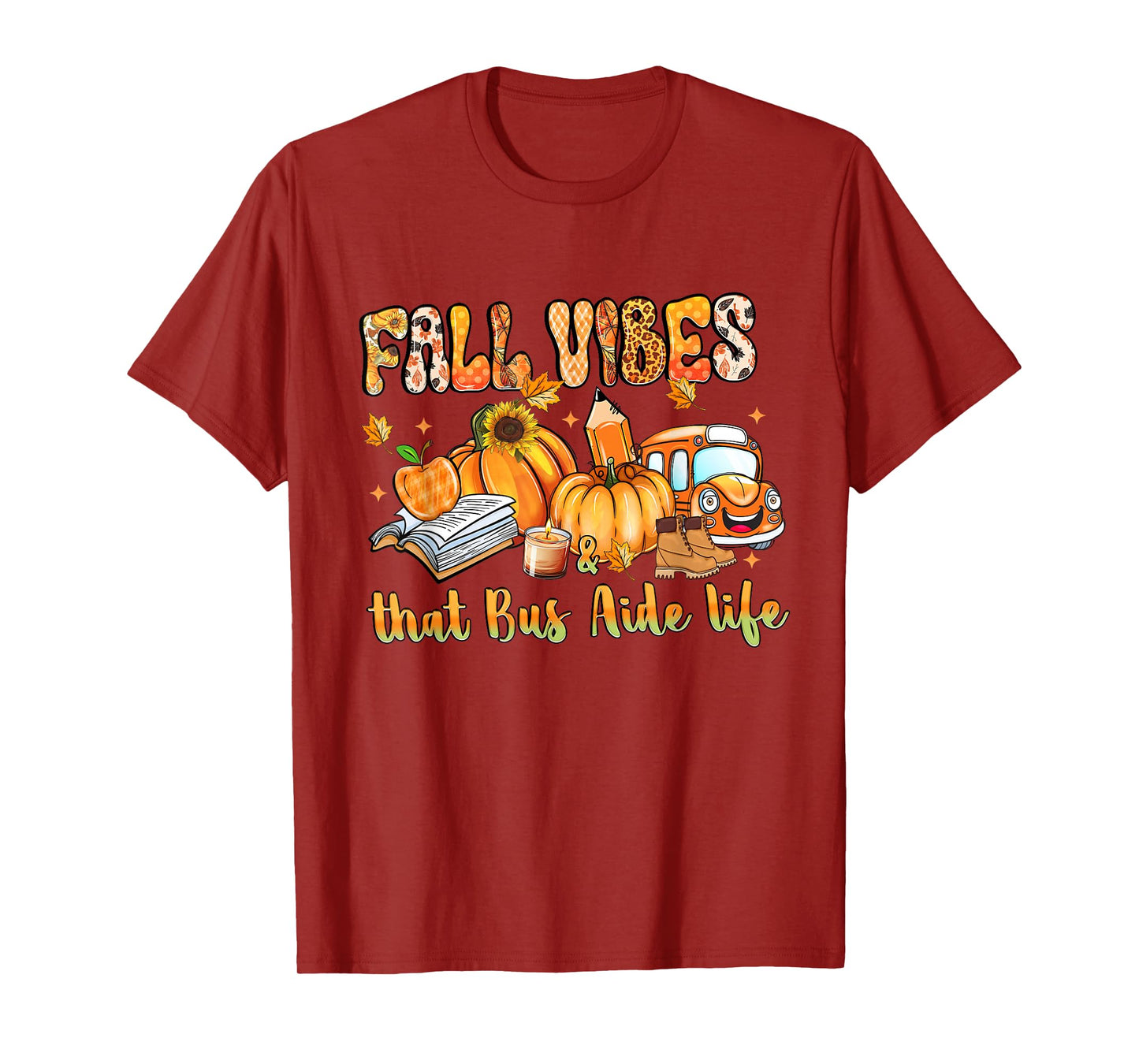 Fall Vibes & That Bus Aide Life Pumpkin Leopard School Bus T-Shirt