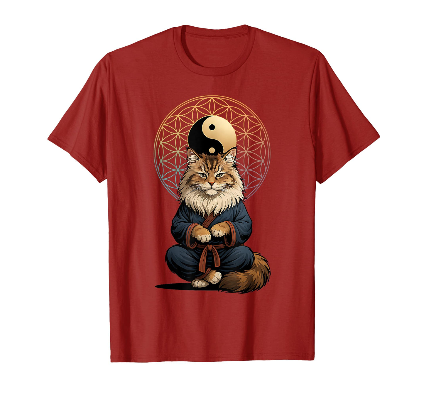 Tai Chi Cat Yin Yang Flower of Life Martial Arts Mainecoon T-Shirt