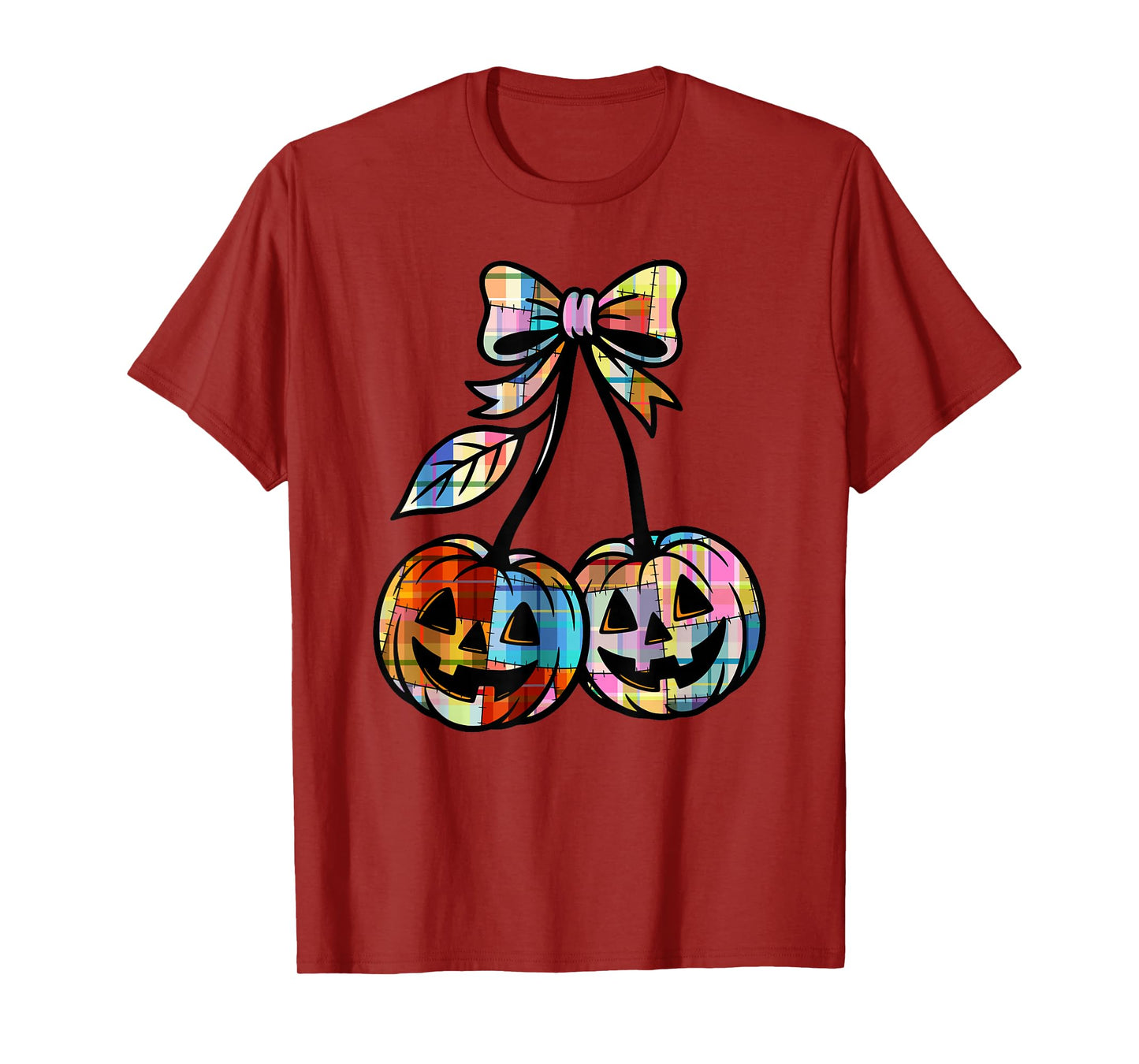 Pumpkin Cherries Coquette Plaid Retro Cherry Jack O'Lantern T-Shirt