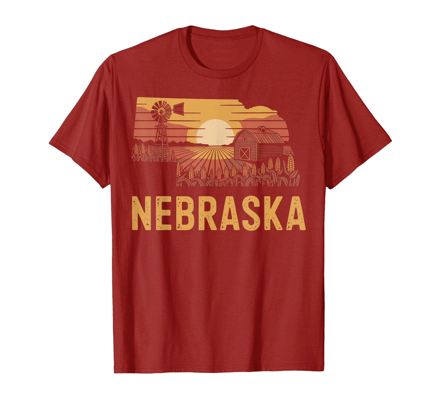 Nebraska barn windmill sunset farmland crops retro T-Shirt