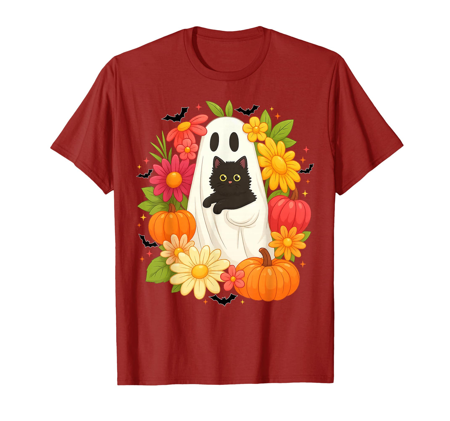 Vintage Boo Halloween Ghost Floral Black Cat Groovy Women T-Shirt