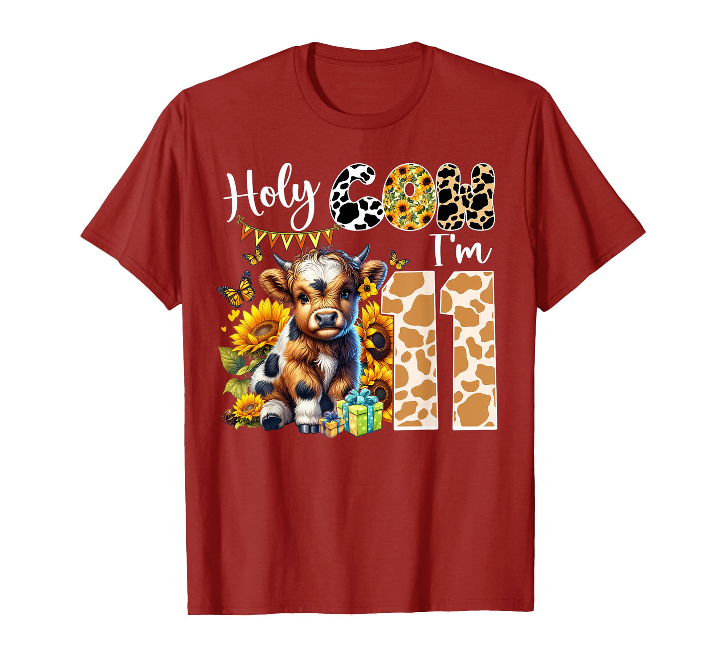 Holy Cow I’m 11 Years Old Dairy Cow Sunflowers 11th Birthday T-Shirt