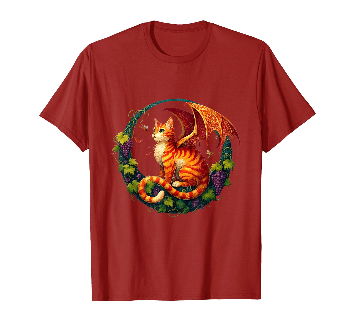 Retro Mystical Orange Tabby Dragon Cat Fae With Grapevines Men Women Kids T-Shirt
