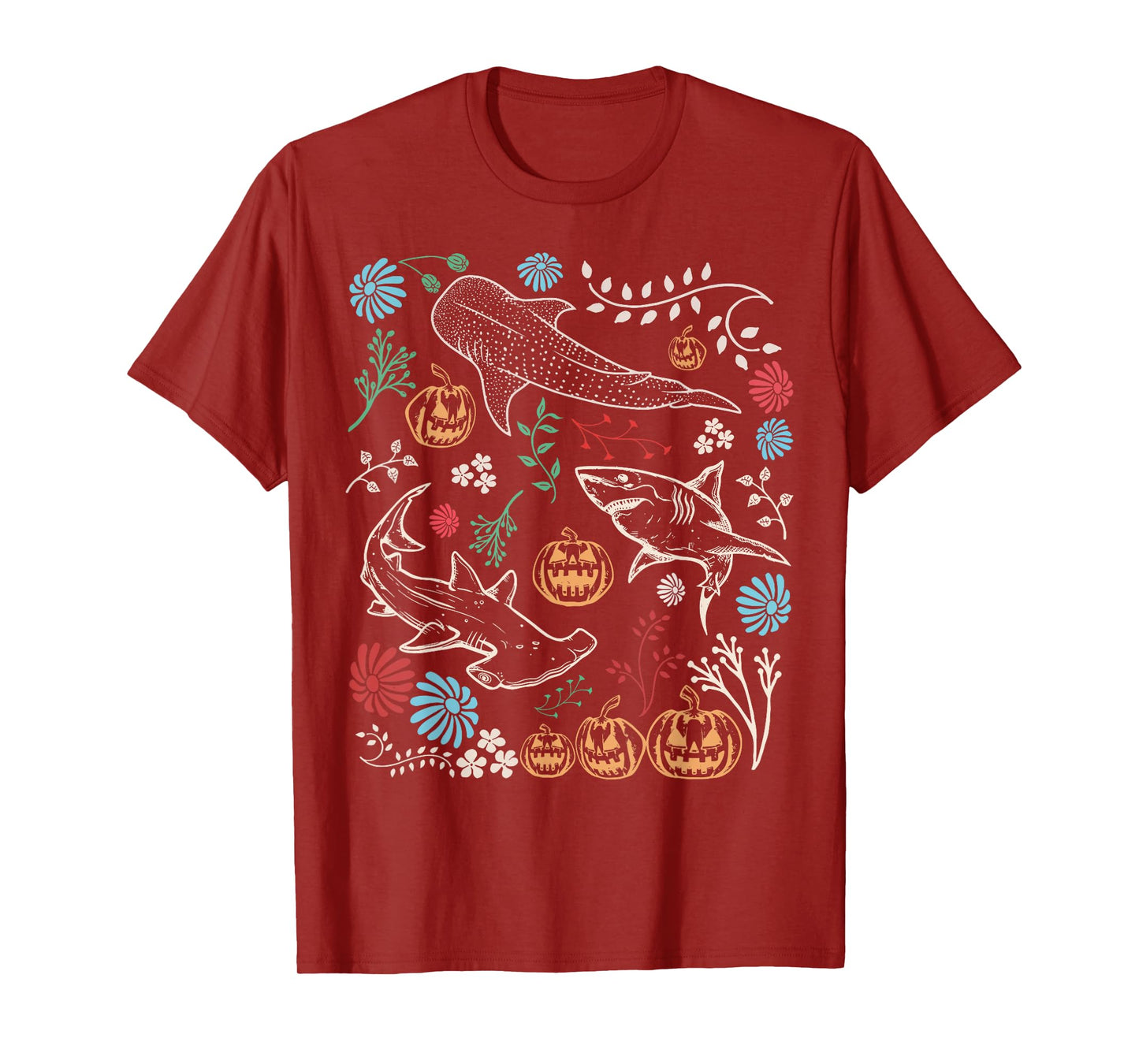 Vintage 90s Halloween Shark Pumpkin Ocean Marine Biology T-Shirt