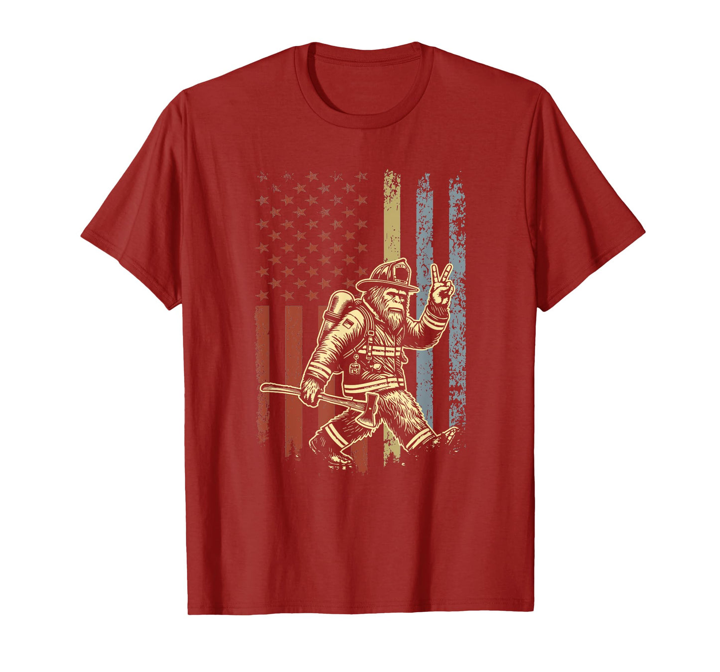 Retro American Flag Bigfoot Firefighter Sasquatch Fireman T-Shirt