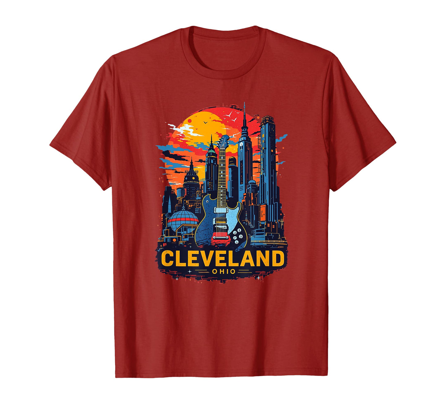 Vintage Cleveland Ohio Guitar Skyline Cityscape T-Shirt