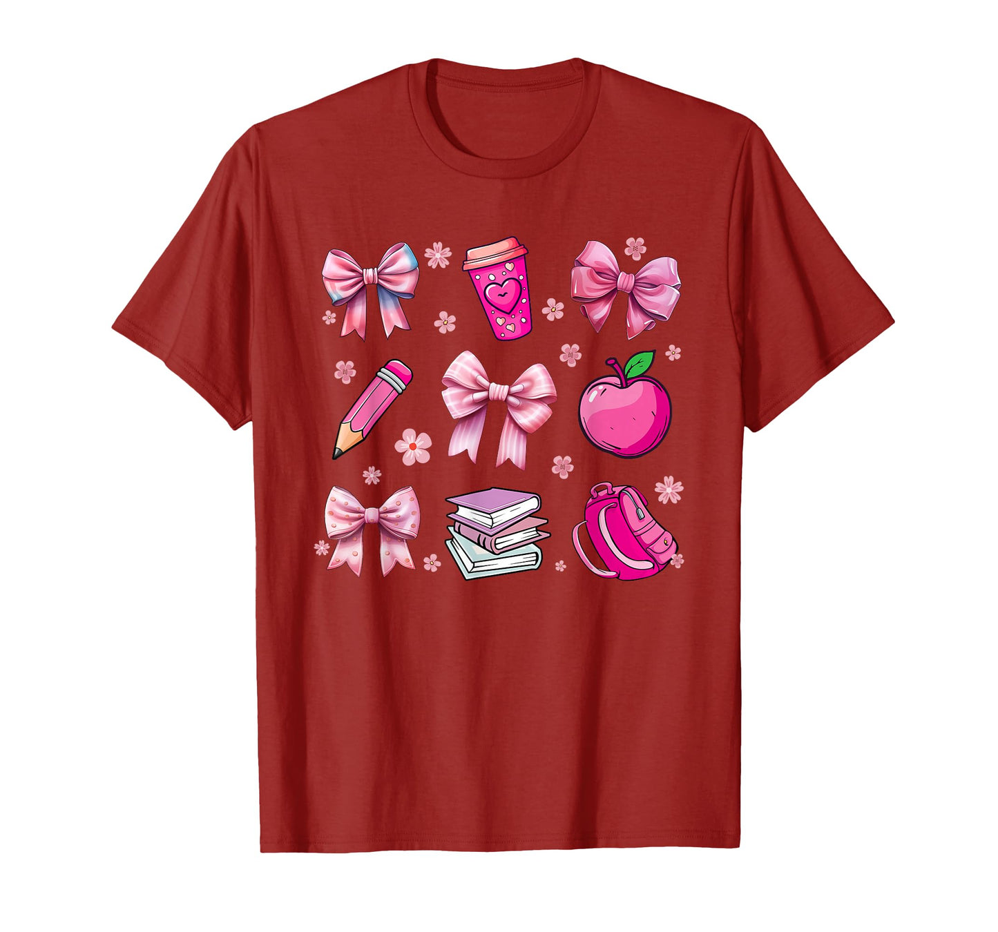 Back To School Pink Coquette Bow Pencil Apple Kids Girls T-Shirt