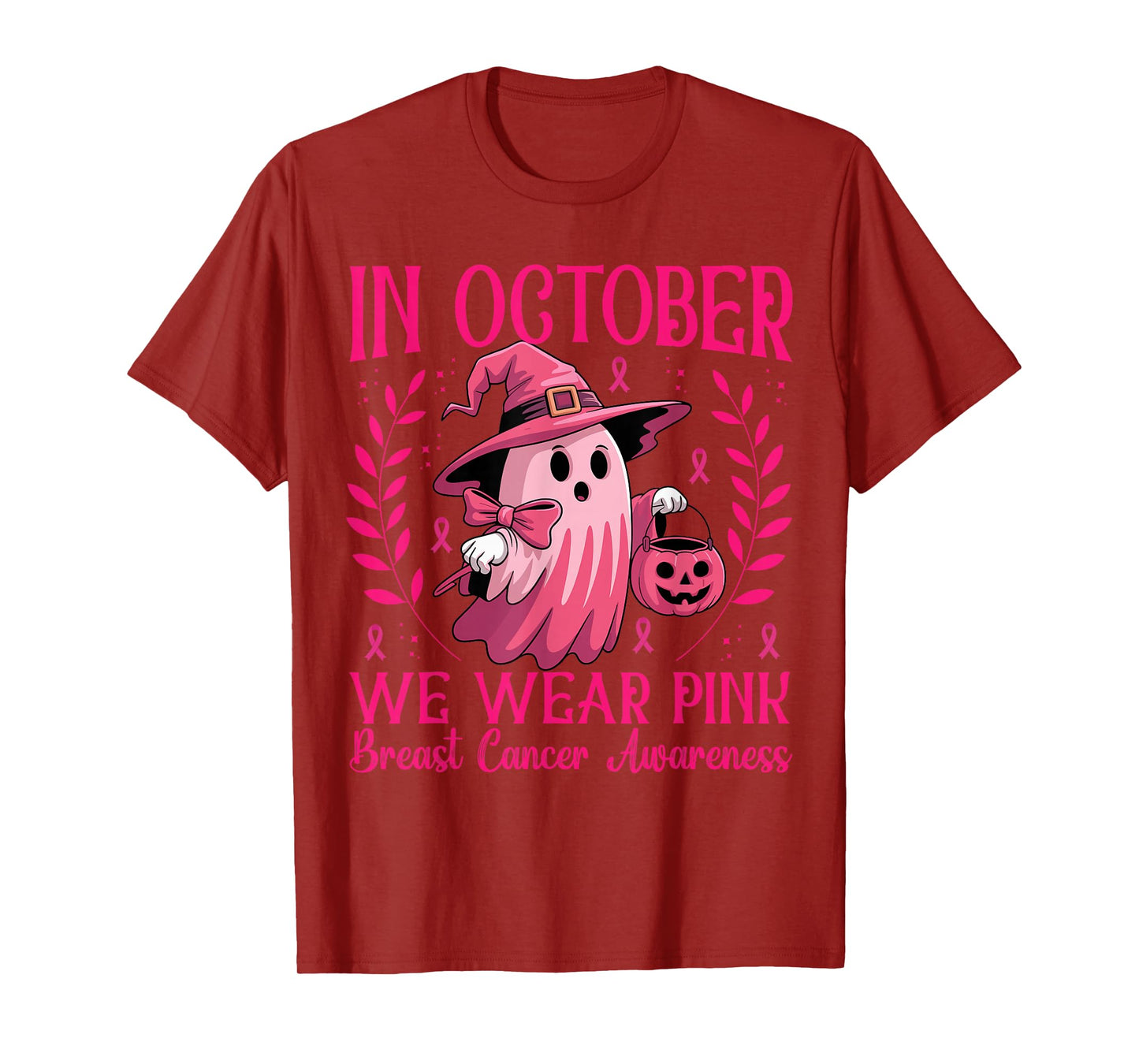 in October We Wear Pink Ghost Witch Breast Cancer Awareness T-Shirt