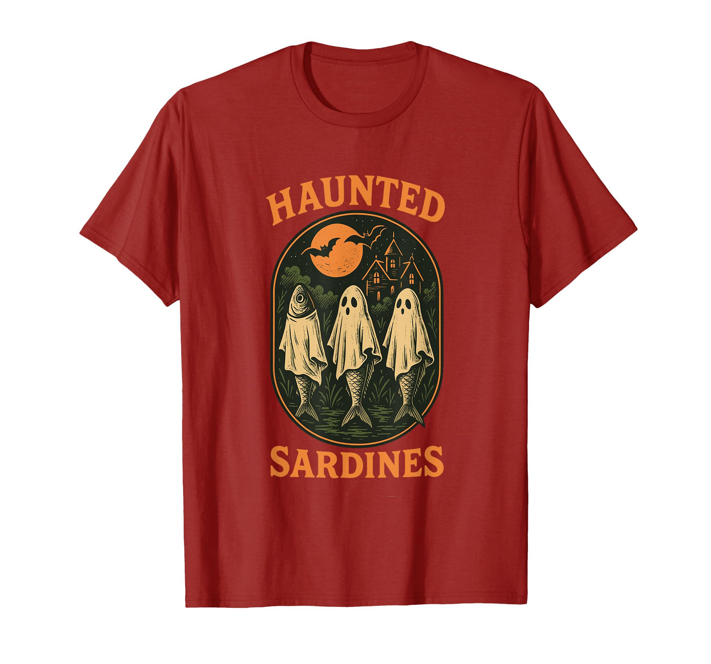 Haunted Sardines Halloween Fish Skeleton Ghost Retro Fishing T-Shirt
