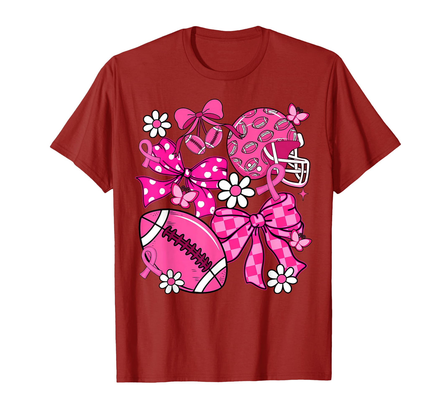 Coquette Bow Breast Cancer Awareness Football Pink Ribbon T-Shirt