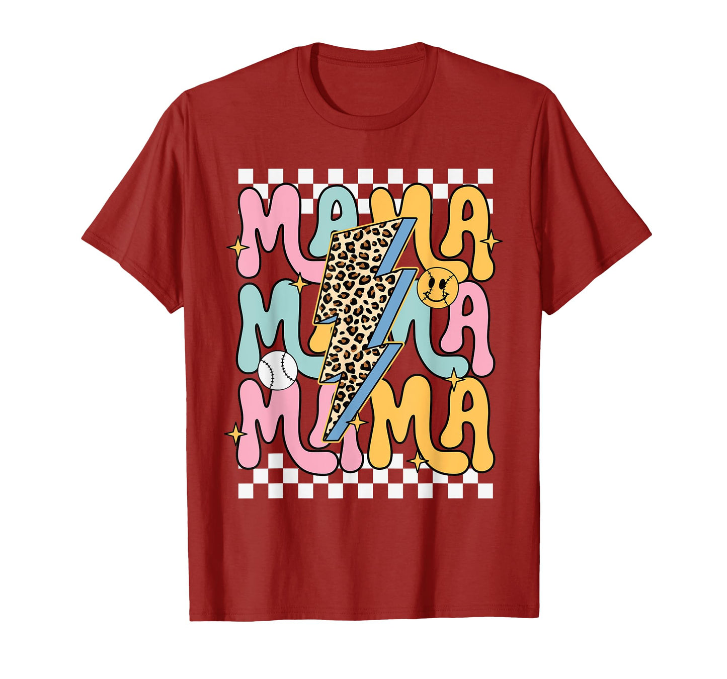 Retro MAMA Leopard Lightning Bolt Baseball Softball Smile T-Shirt
