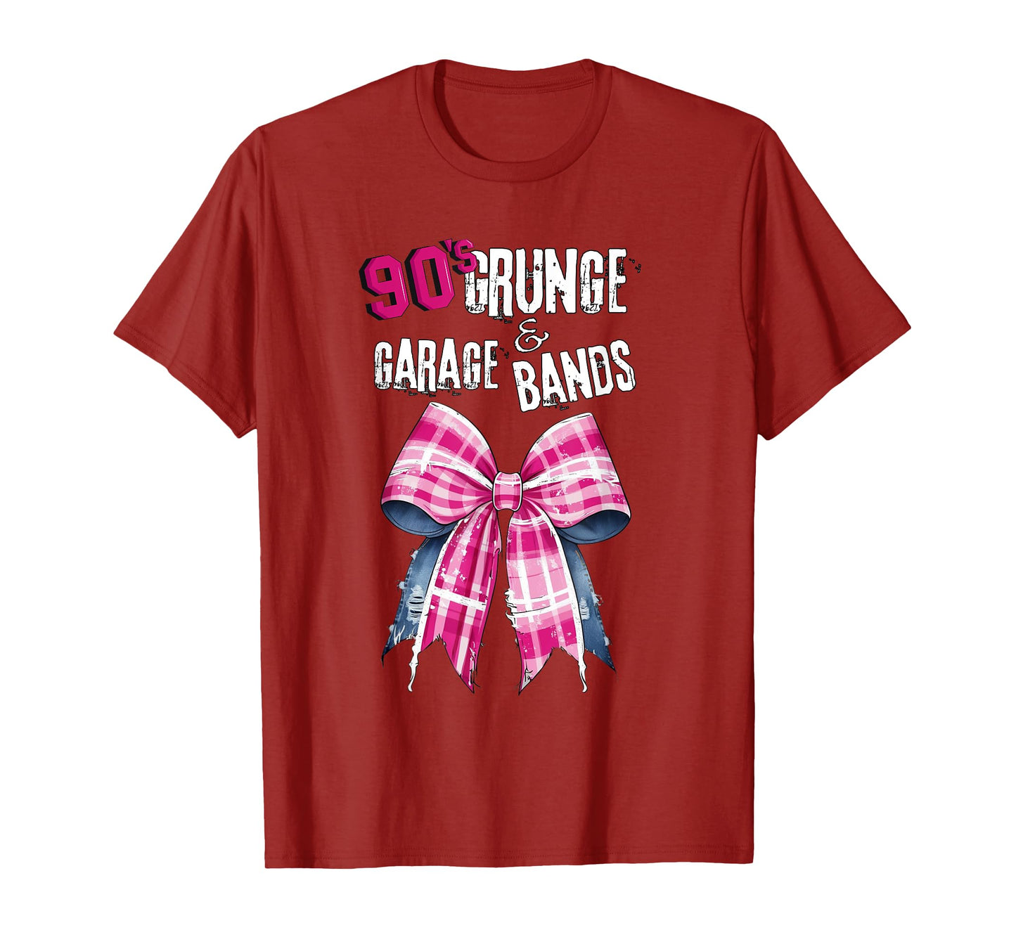 90s t s, Grunge & Garage Bands-Pink Plaid Bow Vintage Music T-Shirt