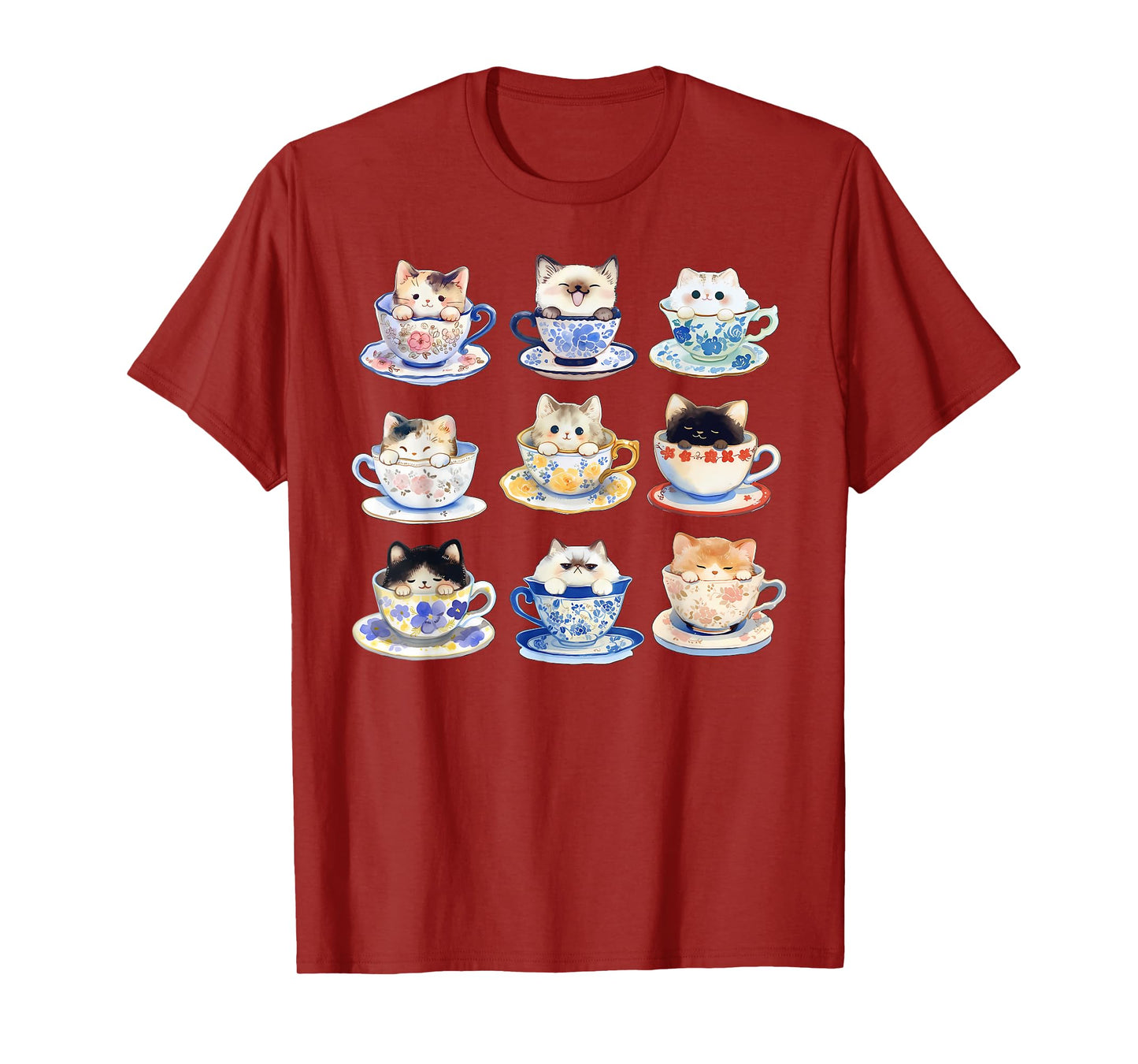 Watercolor Cute Kitten On Teacups Cat Lover Aesthetic Floral T-Shirt
