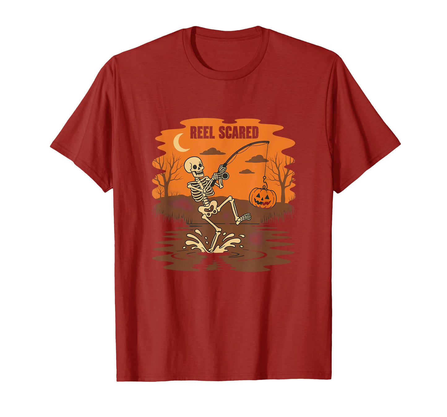Reel Scared Skeleton Fishing Halloween Pumpkin Lake T-Shirt