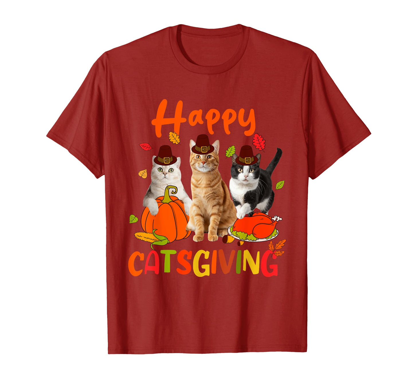 Happy Catsgiving Thanksgiving Kitten Cat Wears Pilgrim Hat T-Shirt