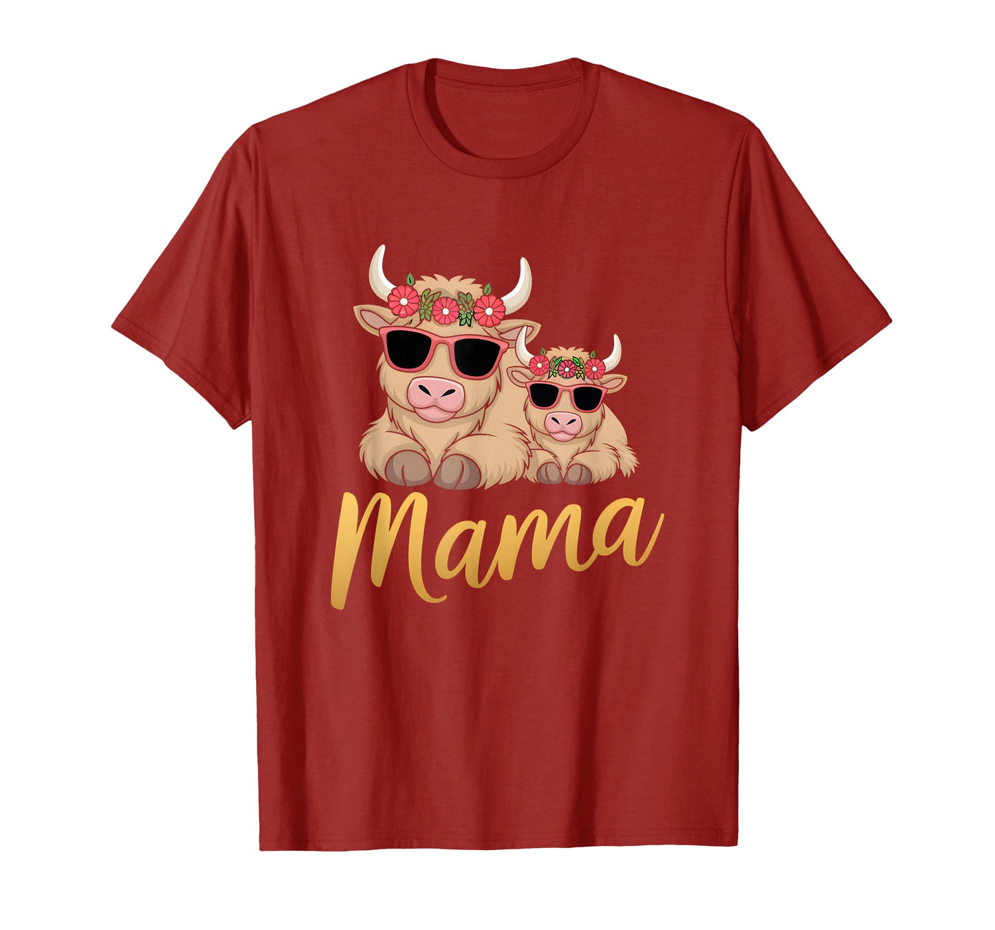 Mama Highland Cow With Baby Calf Mothers Day Family Floral T-Shirt