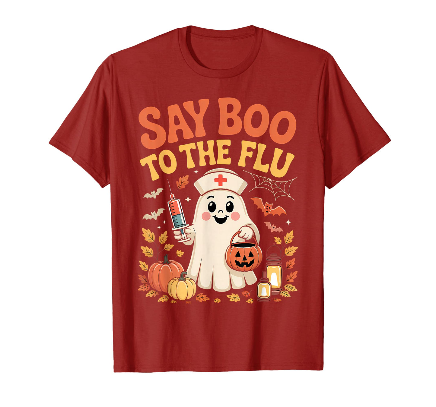 Funny Retro Nurse Ghost Halloween Vaccine Say Boo to The Flu T-Shirt