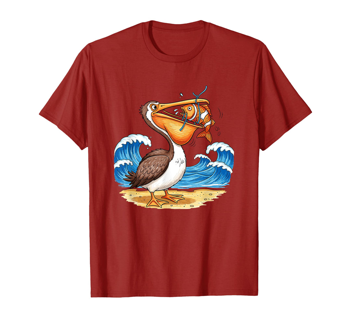 Pelican Catching Fish Beach Waves Scene T-Shirt