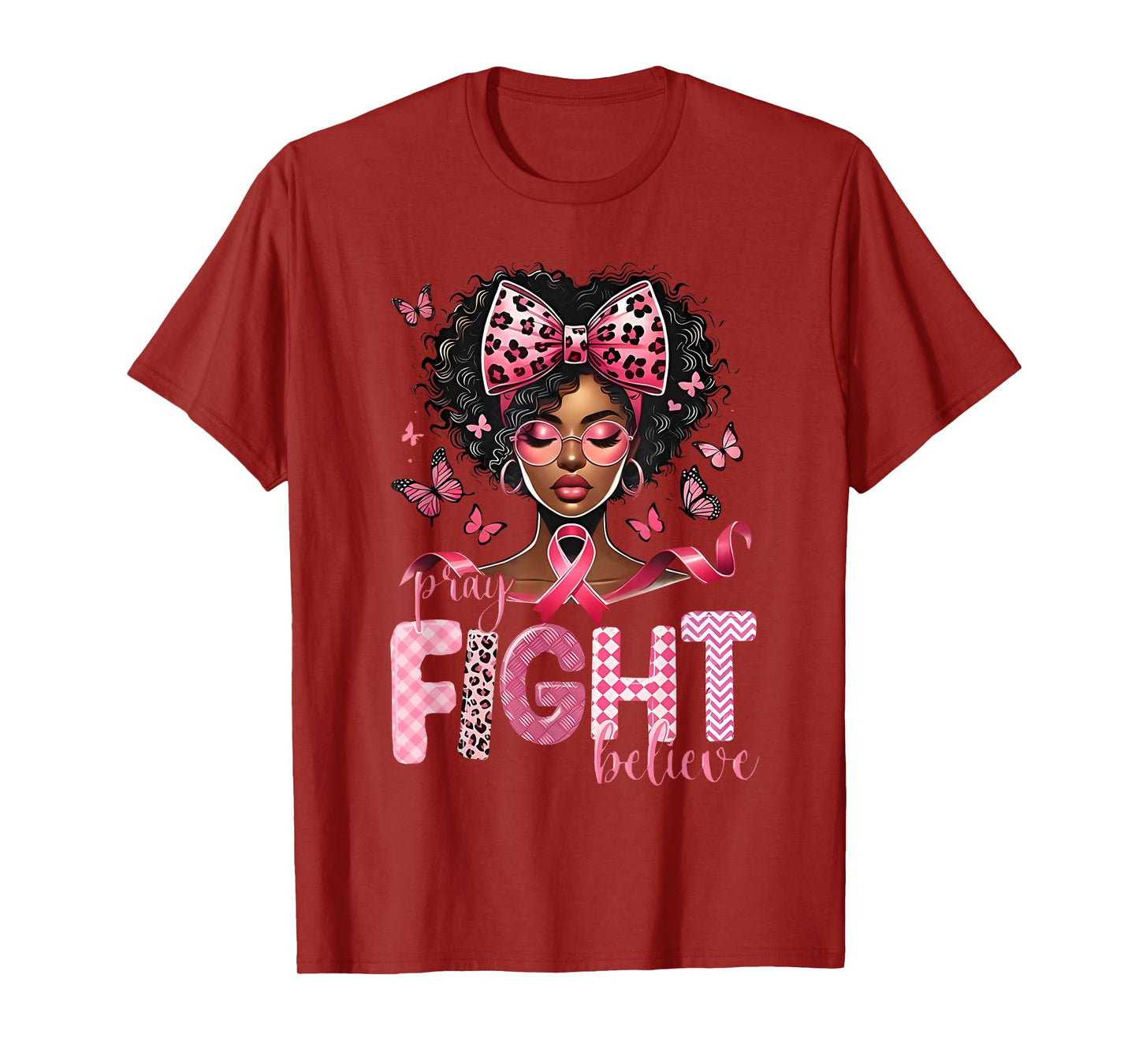 Pray Believe Fight Messy Bun Black Women Pink Breast Cancer T-Shirt