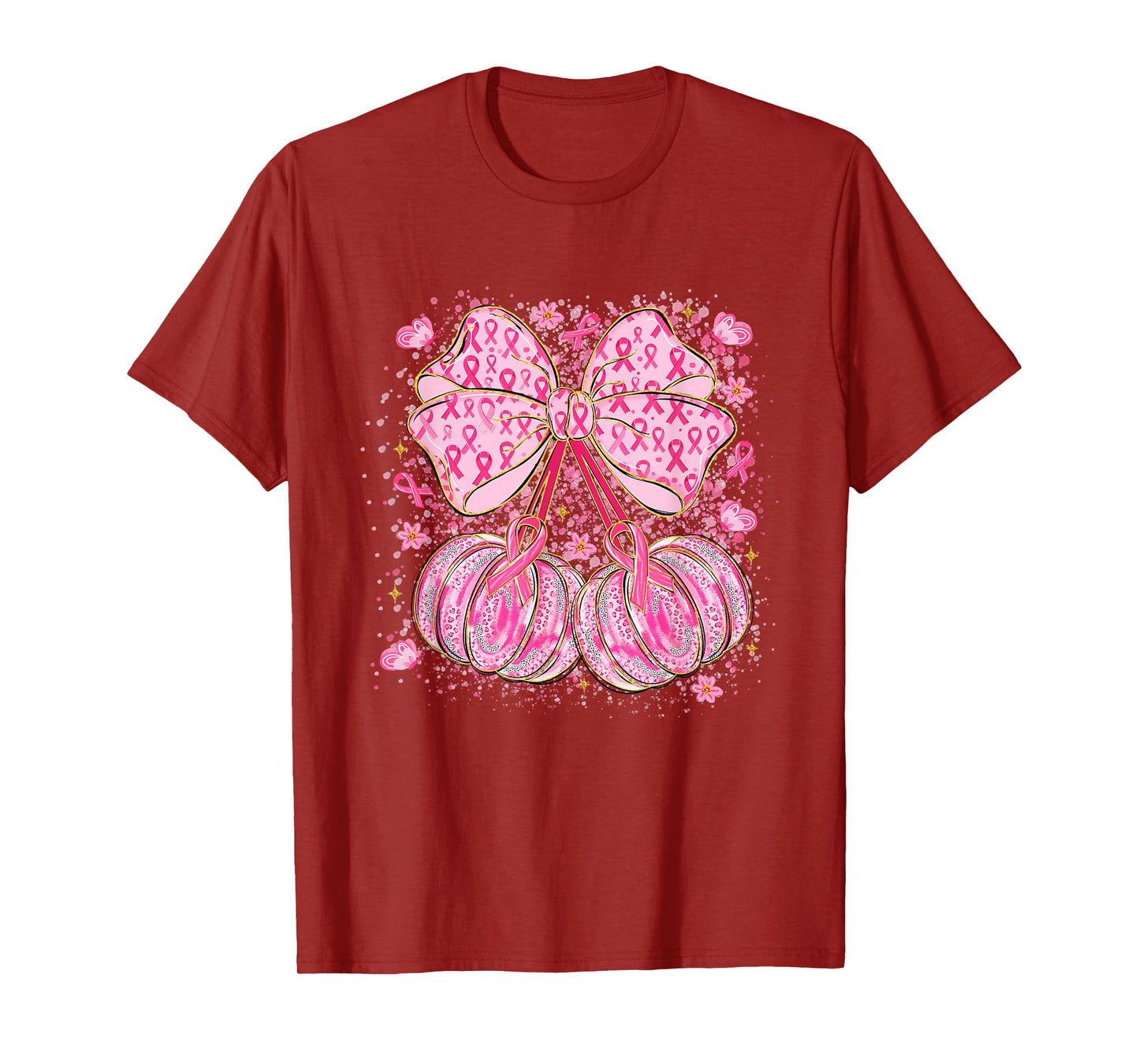 Coquette Bow Pumpkin Pink Ribbon Breast Cancer Awareness T-Shirt