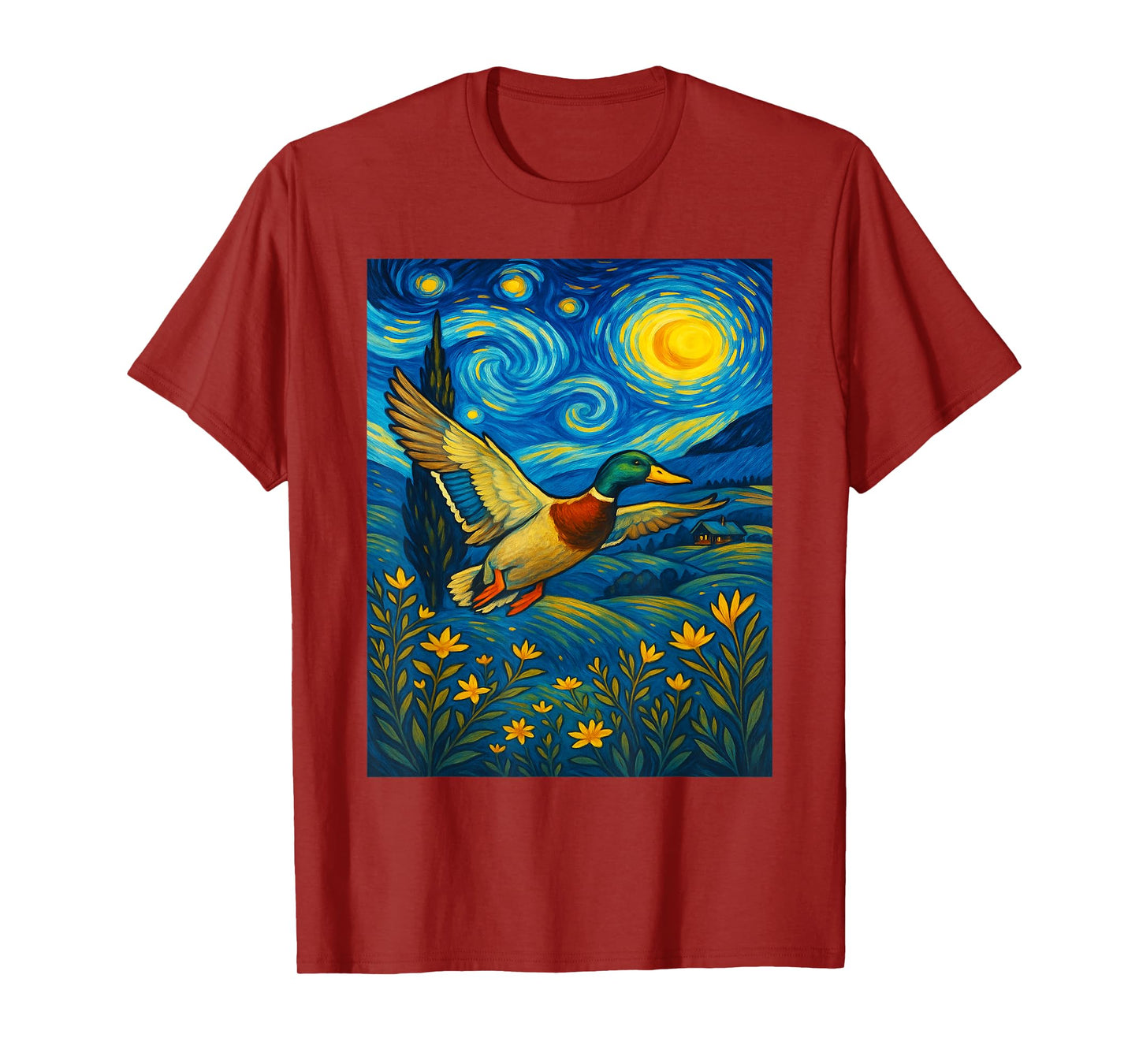 Starry Night Mallard Duck Van Gogh Style Hunting Farmer Farm T-Shirt