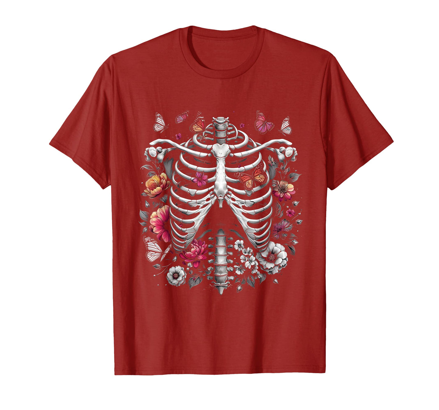 Floral Skeleton Ribcage and Butterflies Spooky Halloween T-Shirt