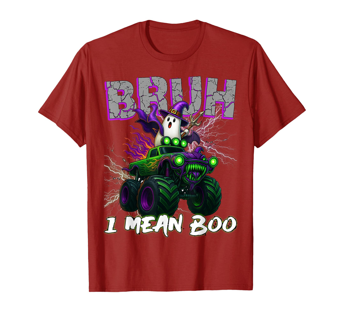 Bruh I mean Boo Riding Monster Truck Halloween Boys Kids T-Shirt