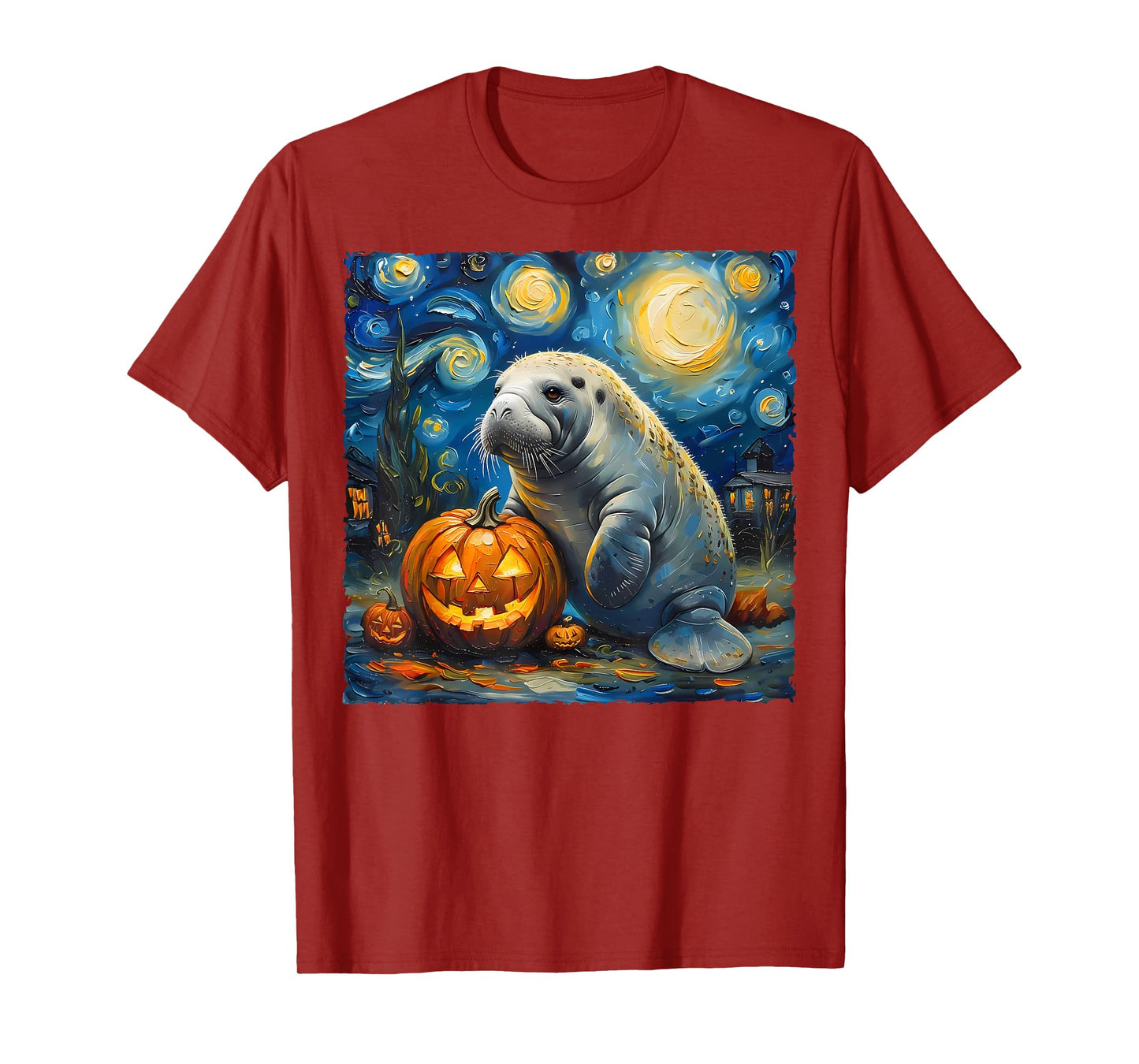 Manatee Pumpkin Van Gogh The Starry Night Halloween Artwork T-Shirt