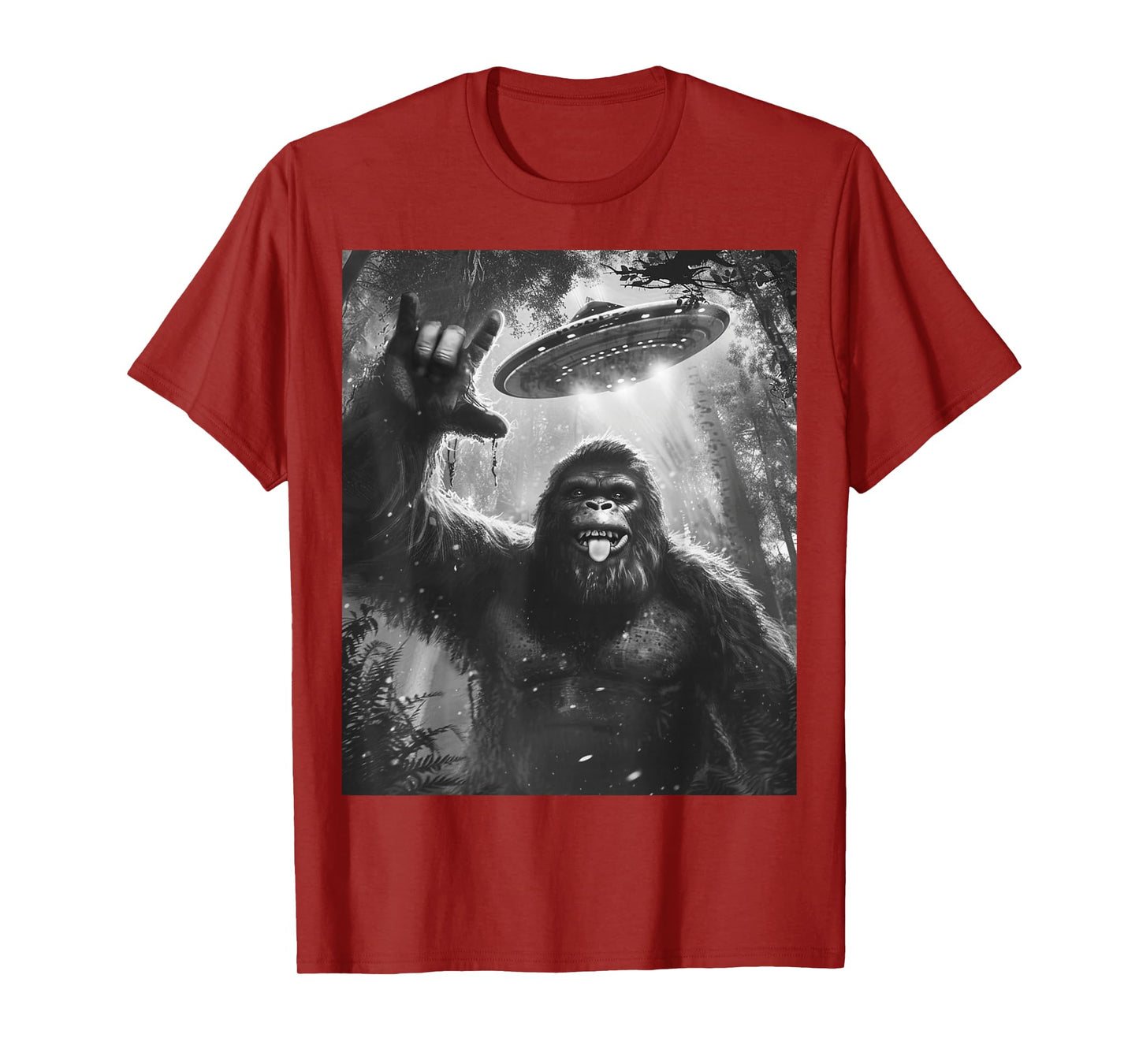 Funny Sasquatch Bigfoot Rock On Selfie with UFO Alien Saucer T-Shirt